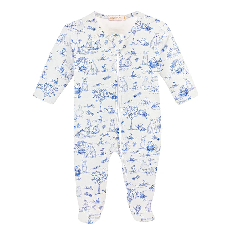 Blue Toile Bunnies Printed Zipped Footie