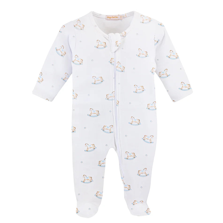 Cute Rocking Horse Blue Printed Zipped Footie