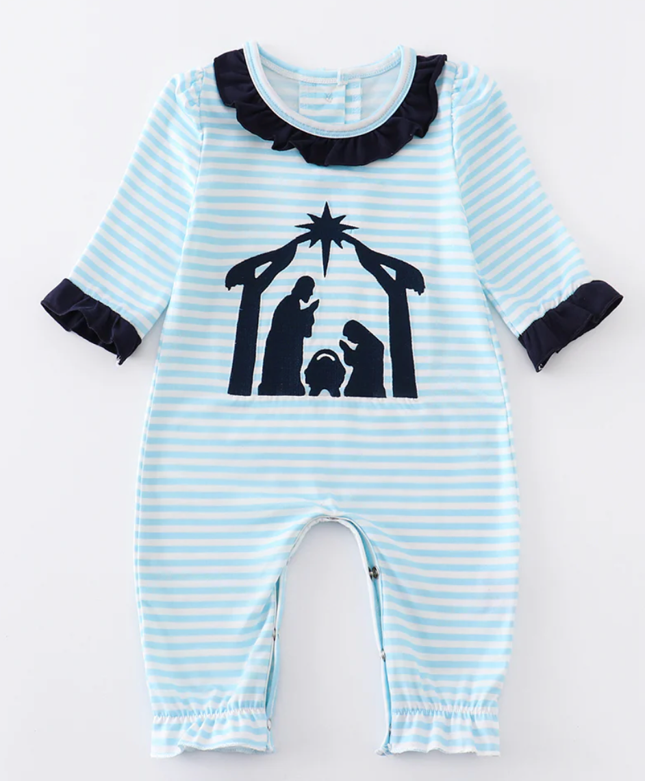 Blue Stripe Nativity Girl's Romper