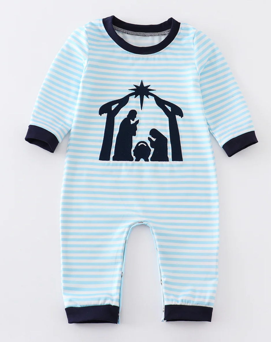 Blue Stripe Nativity Boy's Romper