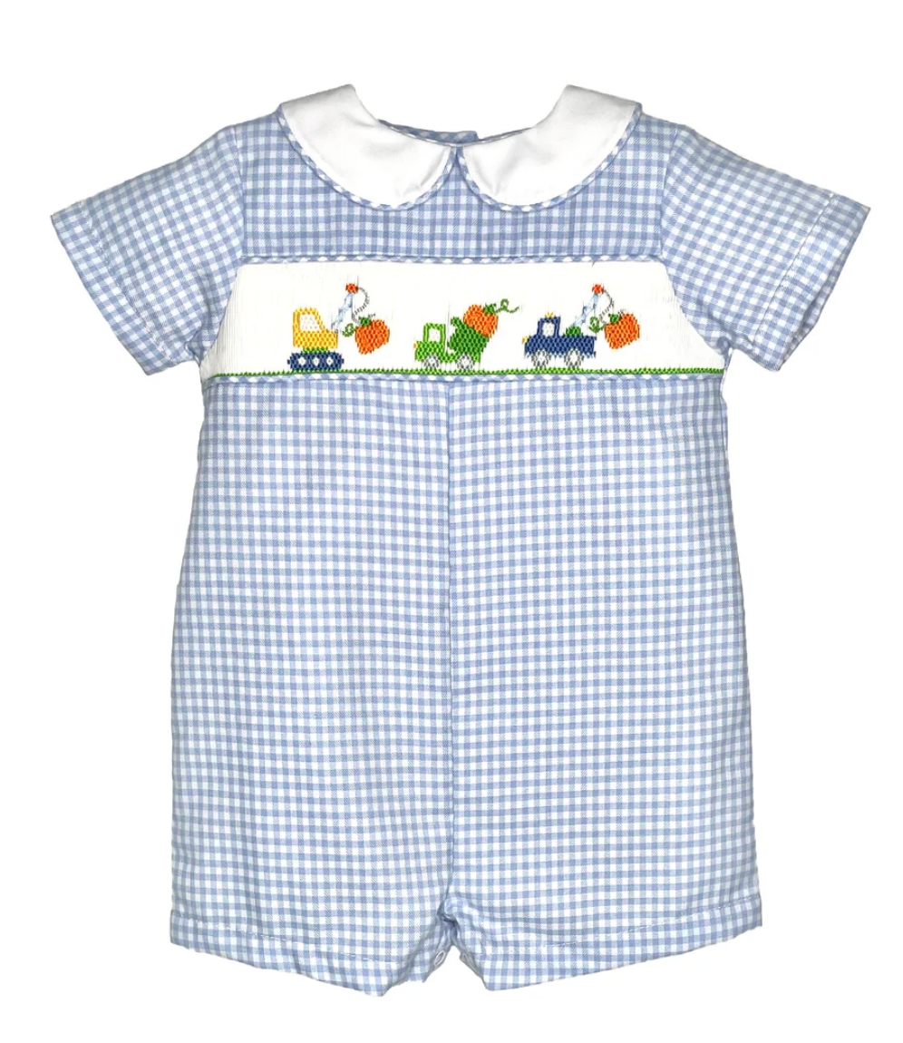 Hand Picture Smocked Construction Pumpkin Romper