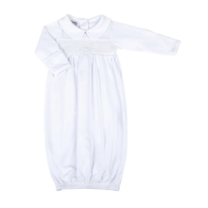 Blessed White Smocked Collared L/S Girl Gathered Gown