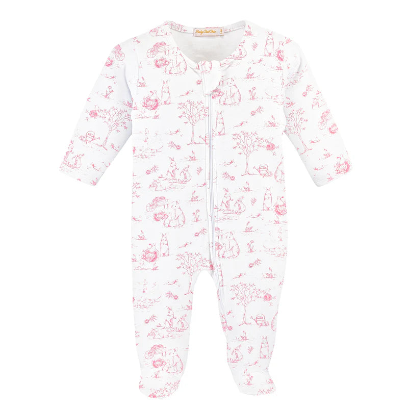Pink Toile Bunny Footie with Ruffles