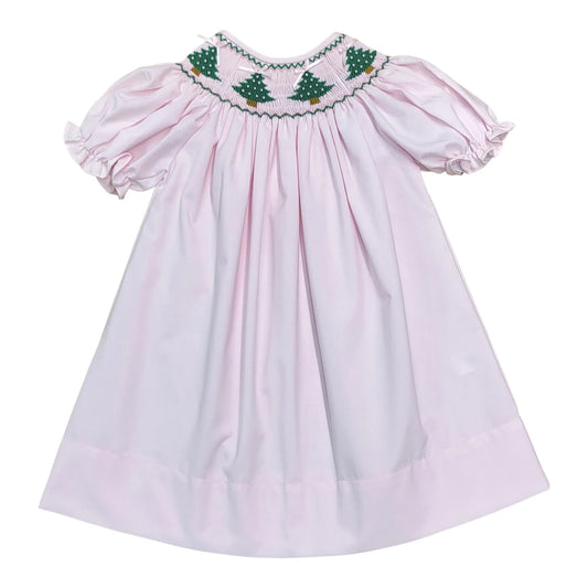 Christmas Tree Smocked Pink Dress