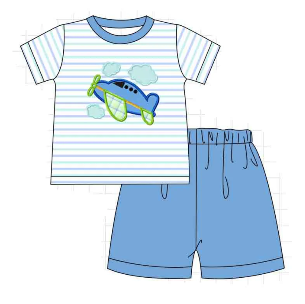 Blue Airplane Stripe Short's Set