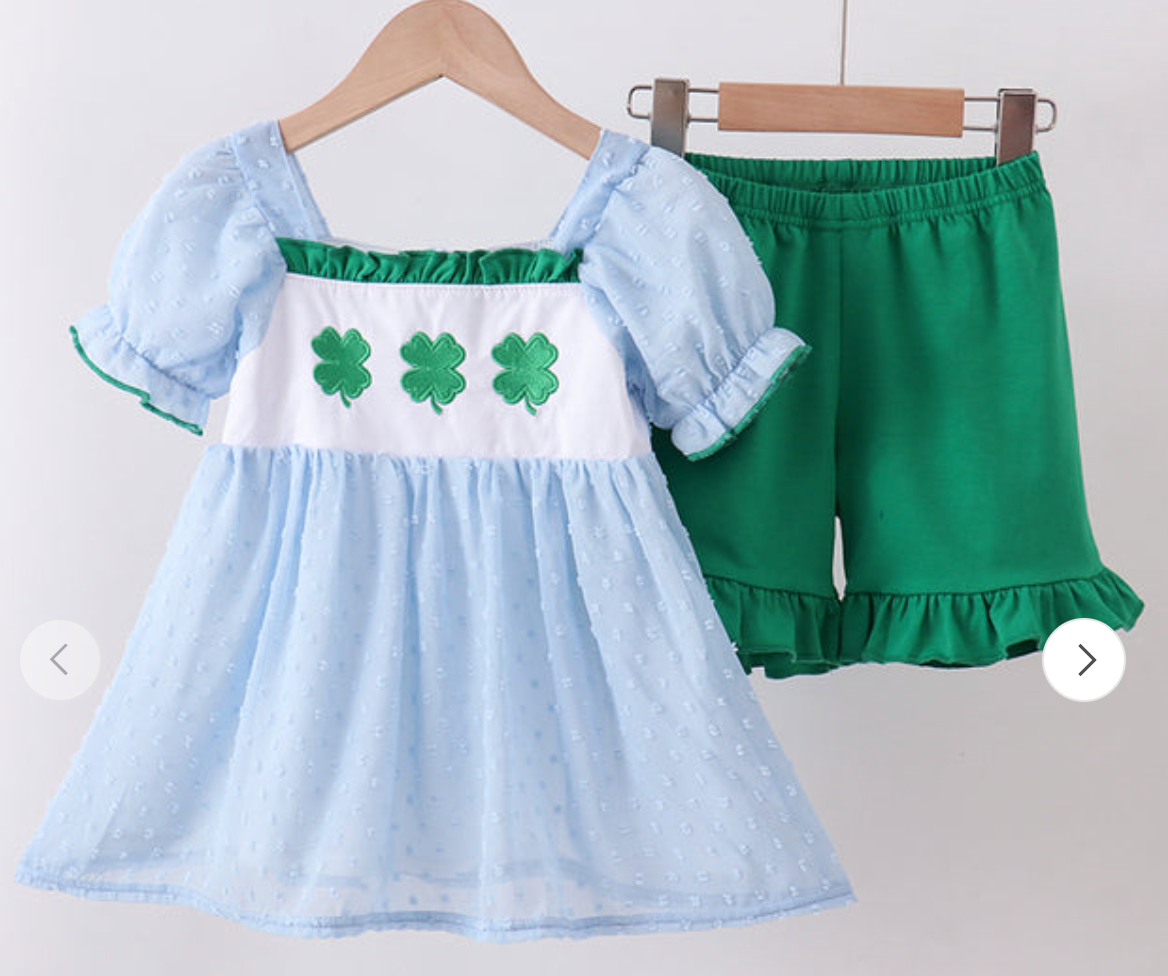 Blue Clover Embroidery Swiss Dot Short Set