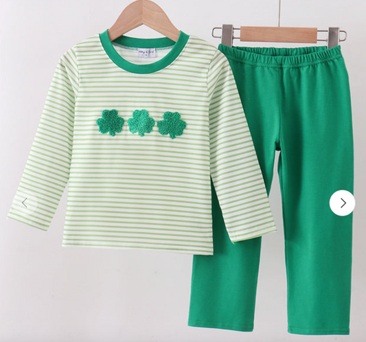Green Clover French Knot Stripe Pants Set