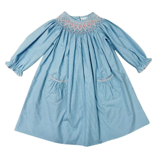 Blue Gingham Flower Bishop Dress